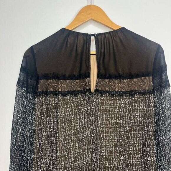 White House Black Market Women’s 0 Blouse Black White Long Sleeve Keyhole Back - Picture 4 of 11